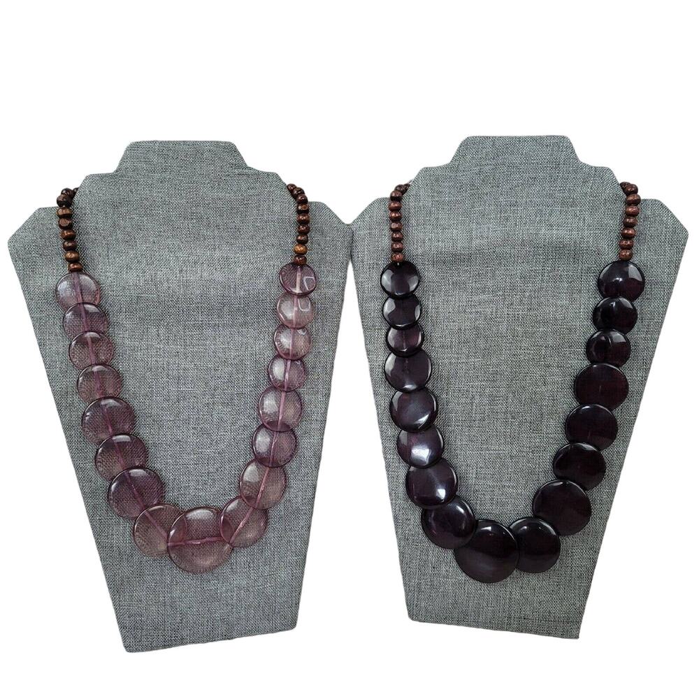 Vintage Purple Lucite Necklace Graduated Round Disc Wood Beads Bundle of Two